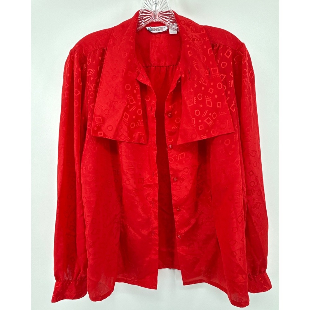 Vintage Worthington Red Geometric Jacquard Blouse Oversized Collar Size 14